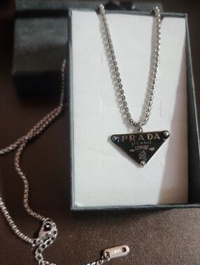 Prada Black Enamel Triangle Logo Necklace with added Free S.STEEL Box Chain